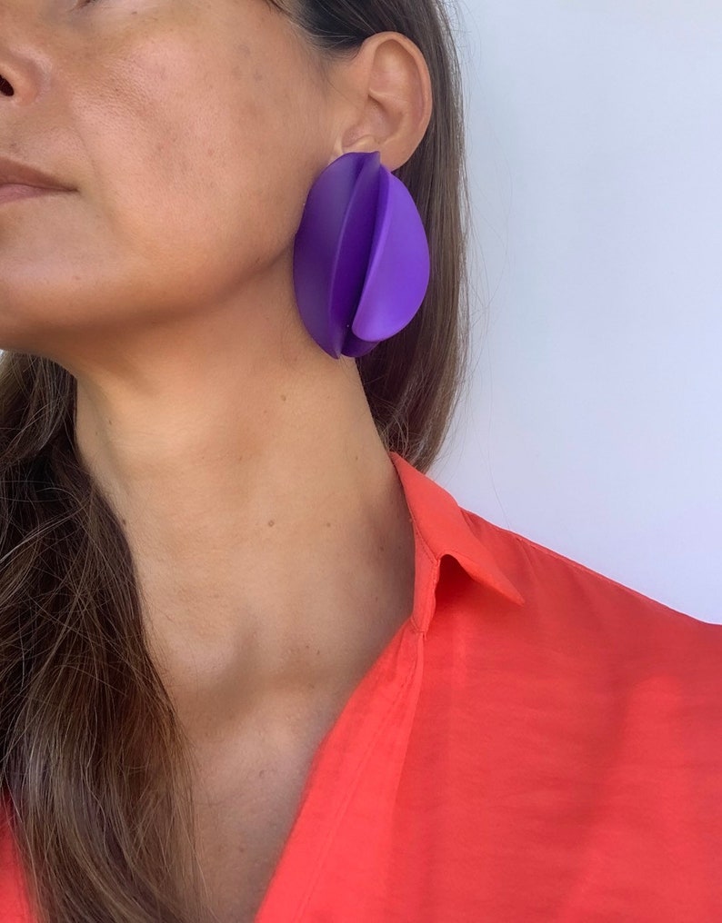 Purple Petal Earrings, flower Clay earrings, unique bold earring, gift mum, bold oversized earrings, violet studs image 10