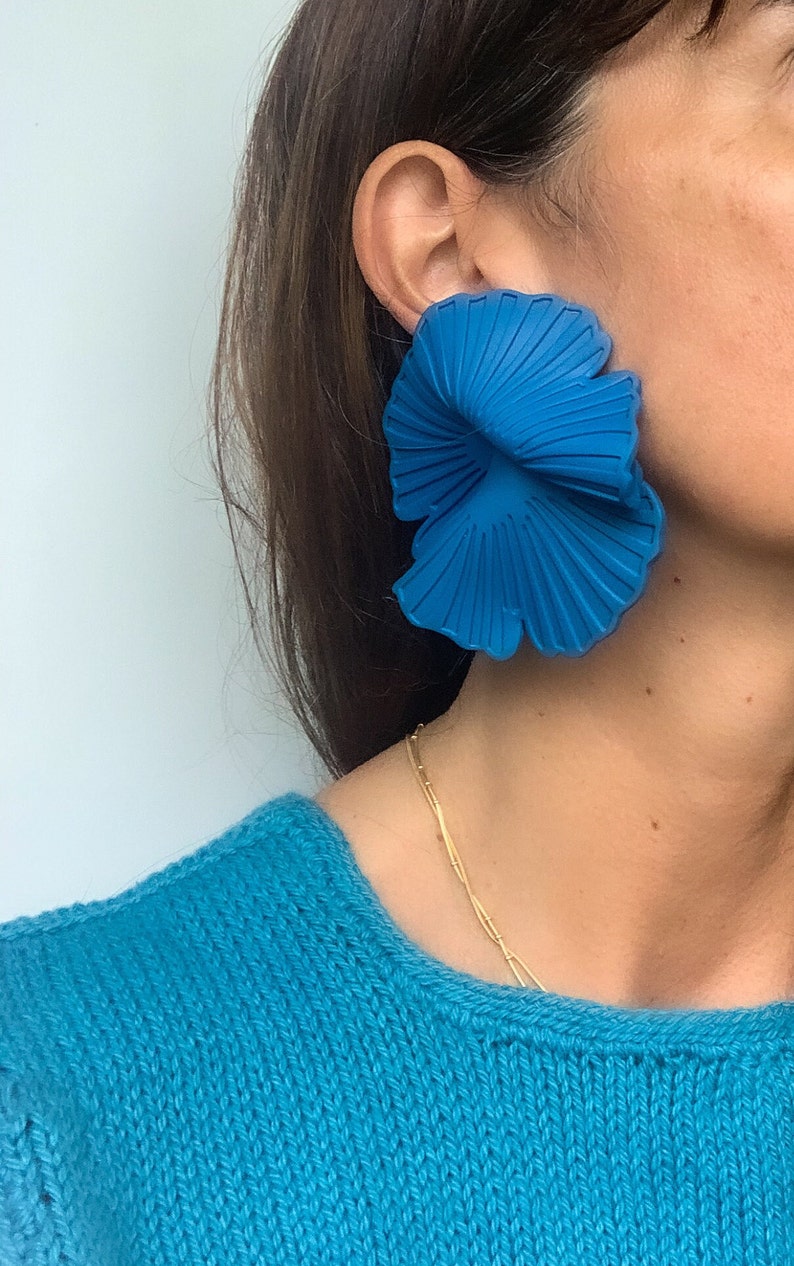 Handmade flower earrings, blue flower earrings, unique bold earring, bold oversized earrings, lightweight studs image 5