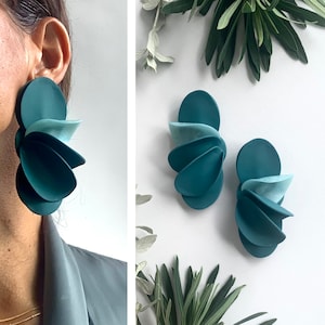 Handmade Petal Earrings, shades of green clay earrings ,unique bold earring, gift for mom, bold oversized earrings , Unique Edgy earrings