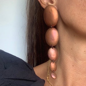 May include: A pair of long, dangling earrings with five round, copper-colored discs. The discs are connected by thin, black metal rings.