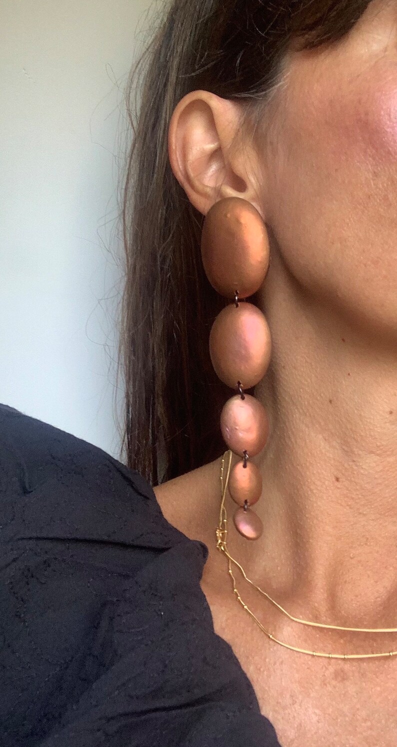 May include: A pair of long, dangling earrings with five round, copper-colored discs. The discs are connected by thin, black metal rings.