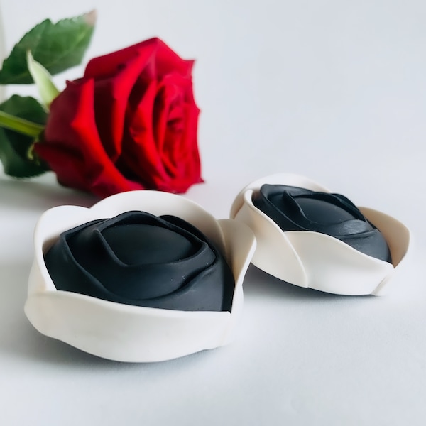 Black and white rose earrings, flower earrings, gift for her, lightweight earrings