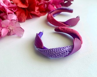 Handmade mismatch crochet Clay hoops, purple to magenta ombre Hoop earrings , unique abstract oversized earrings , leaf earrings