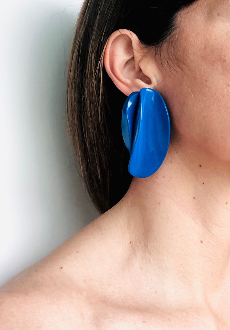 Blue Petal Earrings, flower Clay earrings, unique bold earring, gift mum, bold oversized earrings, Unique Geometric Edgy earrings image 6