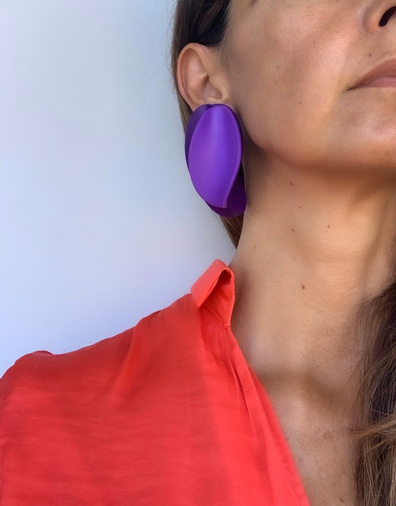 Purple Petal Earrings, flower Clay earrings, unique bold earring, gift mum, bold oversized earrings, violet studs image 2