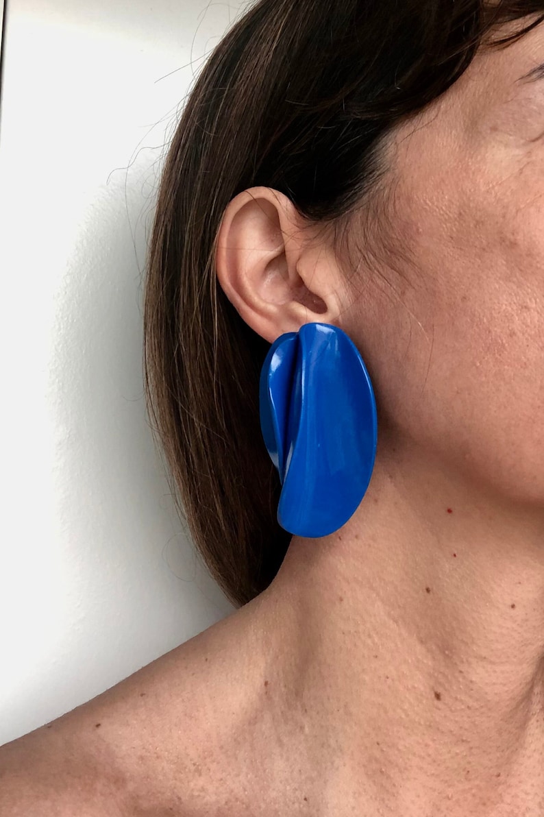 Blue Petal Earrings, flower Clay earrings, unique bold earring, gift mum, bold oversized earrings, Unique Geometric Edgy earrings image 9