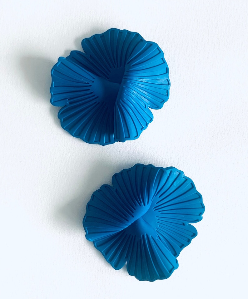 Handmade flower earrings, blue flower earrings, unique bold earring, bold oversized earrings, lightweight studs image 2