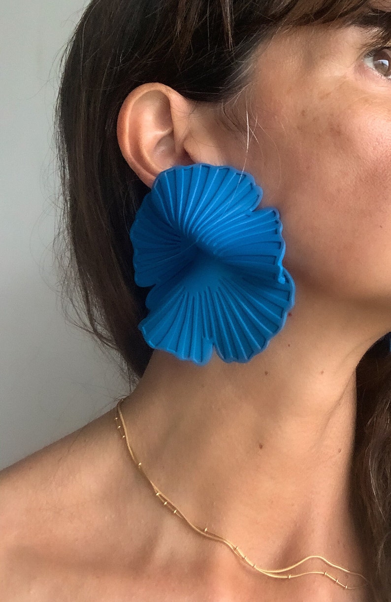 Handmade flower earrings, blue flower earrings, unique bold earring, bold oversized earrings, lightweight studs image 1