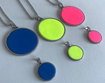 Medallion stainless steel necklace, handmade clay pendent , gift for architect , Designer necklace, neon ring, modern ring