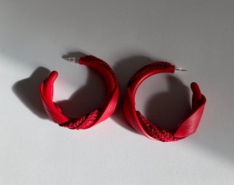 Handmade crochet Clay hoops, cherry Hoop earrings, unique abstract oversized earrings, leaf earrings, leaf hoop earrings