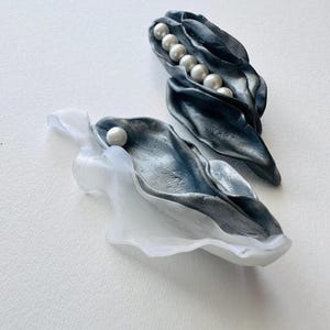 Asymmetrical Polymer Clay Earrings, Sculptural Statement Earrings, Handmade Contemporary Jewelry, silver White Pearl Earrings