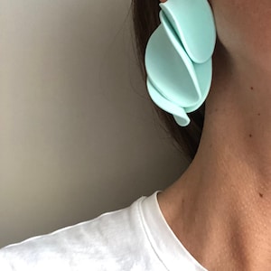Handmade Pastel mint Petal Earrings, clay earrings ,unique bold earring, gift for mom, bold oversized earrings , Unique Edgy earrings image 7