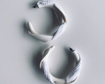 Handmade crochet Clay hoops, white Hoop earrings , wedding earrings , leaf earrings , leaf hoop earrings