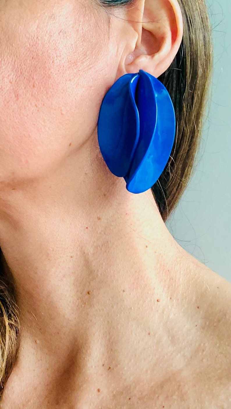 Blue Petal Earrings, flower Clay earrings, unique bold earring, gift mum, bold oversized earrings, Unique Geometric Edgy earrings image 2
