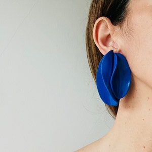 Blue Petal Earrings, flower Clay earrings, unique bold earring, gift mum, bold oversized earrings, Unique Geometric Edgy earrings image 1