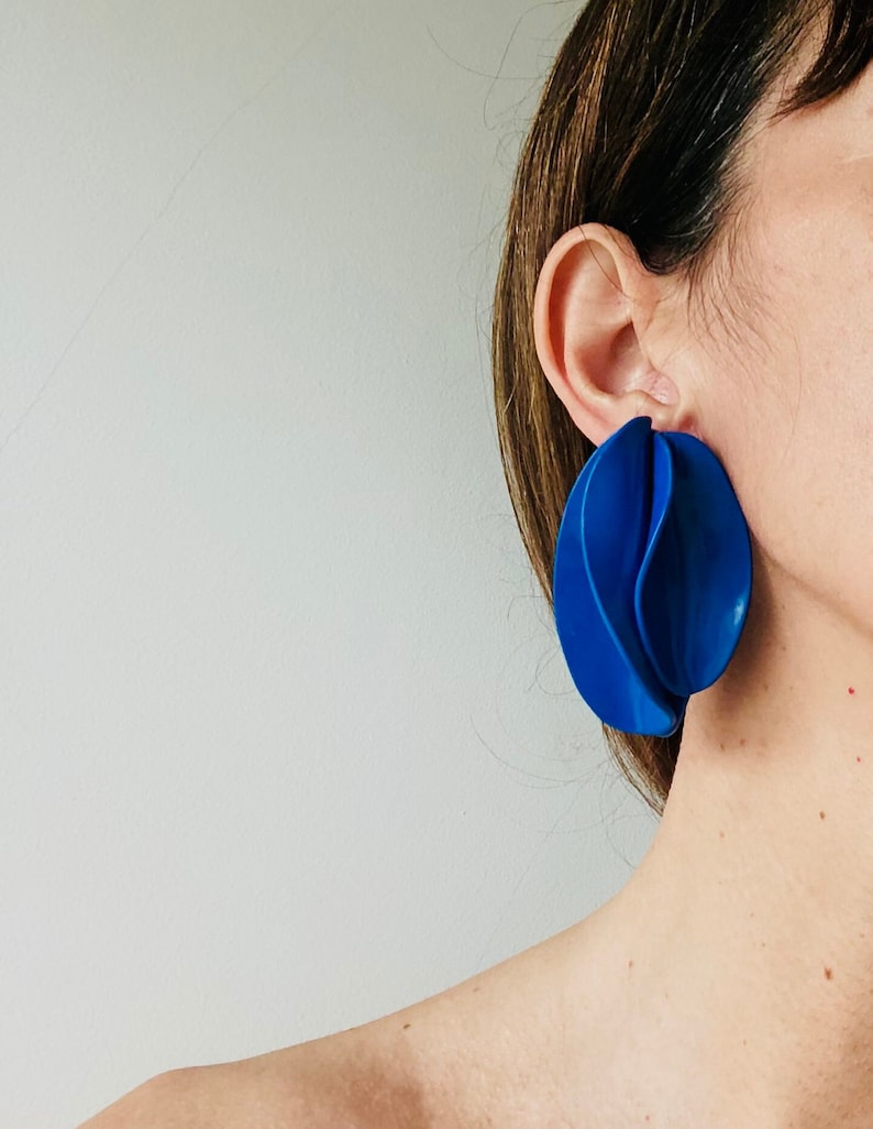Blue Petal Earrings, flower Clay earrings, unique bold earring, gift mum, bold oversized earrings, Unique Geometric Edgy earrings image 1