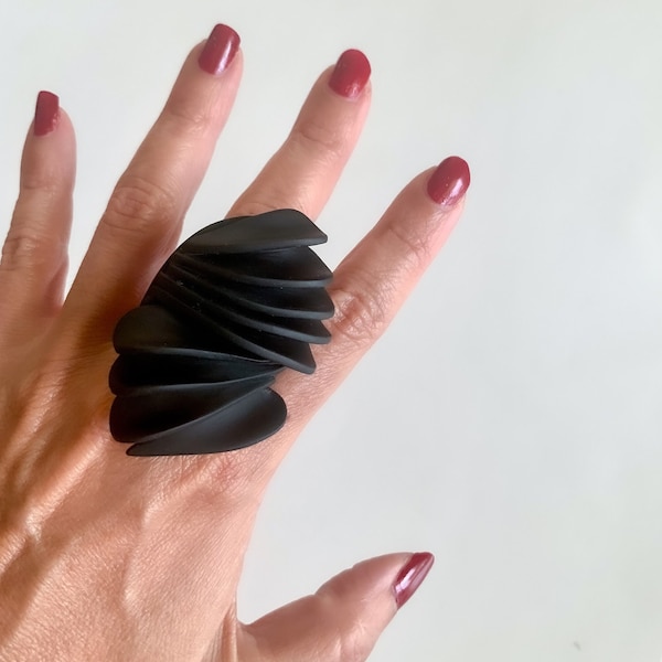 Art clay modern ring small size, Black ring, Petal ring, Cocktail Ring, Oversized Contemporary Organic Modern Unique Edgy Abstract Unusual