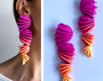 Colorful pink to orange yellow ombré petal Earrings, dangle earrings ,unique bold earring, gift for her, bold oversized earrings