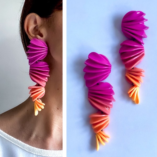 Colorful pink to orange yellow ombré petal Earrings, dangle earrings ,unique bold earring, gift for her, bold oversized earrings