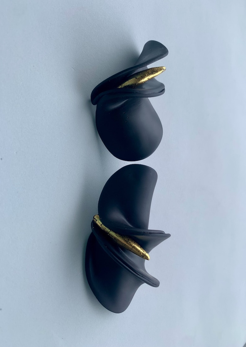 Handmade Black calla lily Earrings, Asymmetrical flower earrings ,unique bold earring, bold oversized earrings , lightweight studs image 8
