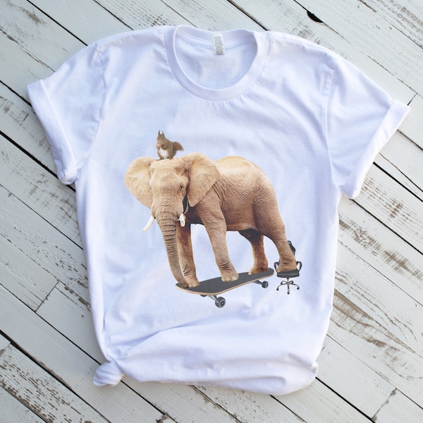 Squirrel with Elephant Riding a Skateboard and Chair, Funny Elephant Shirt, Squirrel Shirt, Gen Z Humor, Zoo Animal Shirt, Gift for Dad