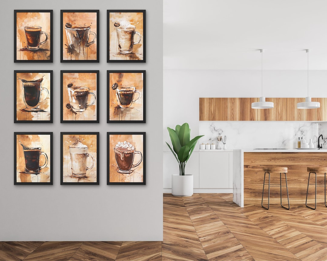 set of 6 kitchen prints coffee print set kitchen art... Abstract Coffee Art Prints Set: Neutral Kitchen Decor (digital Download ...