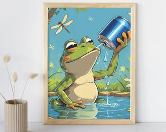 Funny Frog Drinking Poster: Quirky Home Decor (Digital Download, Multiple Sizes Included