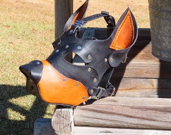 Black leather dog mask, dog mask, handmade leather dog mask, pet play mask