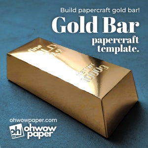 Plantilla de artesanía en papel con barra de oro. ¡Papel dorado! :) ¡Crea una barra de oro de aspecto realista usando papel! Papercraft con caja de regalo perfecta en archivos PDF + SVG