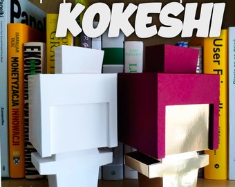 Kokeshi papercraft template. Make a low poly 3D paper model of a traditional Japanese doll. PDF file download.