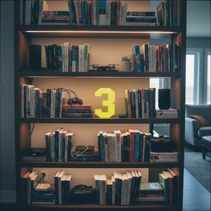 May include: A wooden bookshelf filled with books of various sizes and colors. A glowing yellow number 3 is on the shelf. Other items include a small potted plant, a drone, and a speaker.