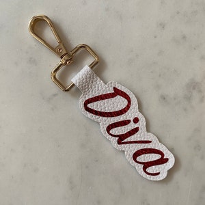 Leather Flower Bag Charm Keychain - Deep Red, Gunmetal and Cream
