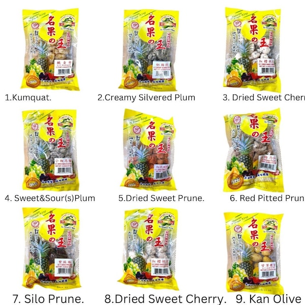 Asian Style Dried Sweet Prune, Plum, Kumquat, and different Varieties of fruits.