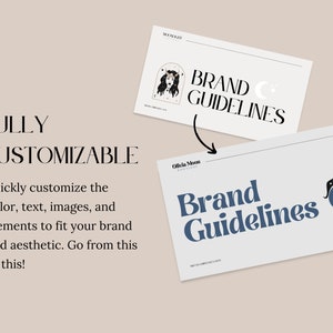 May include: A mockup of a brand guideline document with the text "Brand Guidelines" in a bold, blue font. The document features a stylized illustration of a woman with long, dark hair and a crescent moon. The illustration is in a blue color palette.