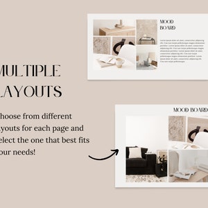 May include: Two mood board layouts with different image arrangements. The first layout has a white background with a light brown, beige, and white color scheme. The second layout has a white background with a black, white, and beige color scheme. Both layouts feature images of furniture, decor, and plants.