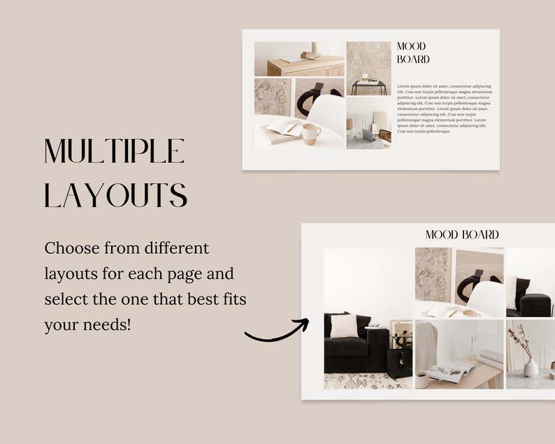 May include: Two mood board layouts with different image arrangements. The first layout has a white background with a light brown, beige, and white color scheme. The second layout has a white background with a black, white, and beige color scheme. Both layouts feature images of furniture, decor, and plants.