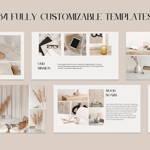 May include: A set of 34 customizable templates for social media. The templates feature a minimalist aesthetic with a neutral color palette of beige, white, and brown. The templates include images of interior design elements, such as a vase with dried flowers, a candle, and a laptop.