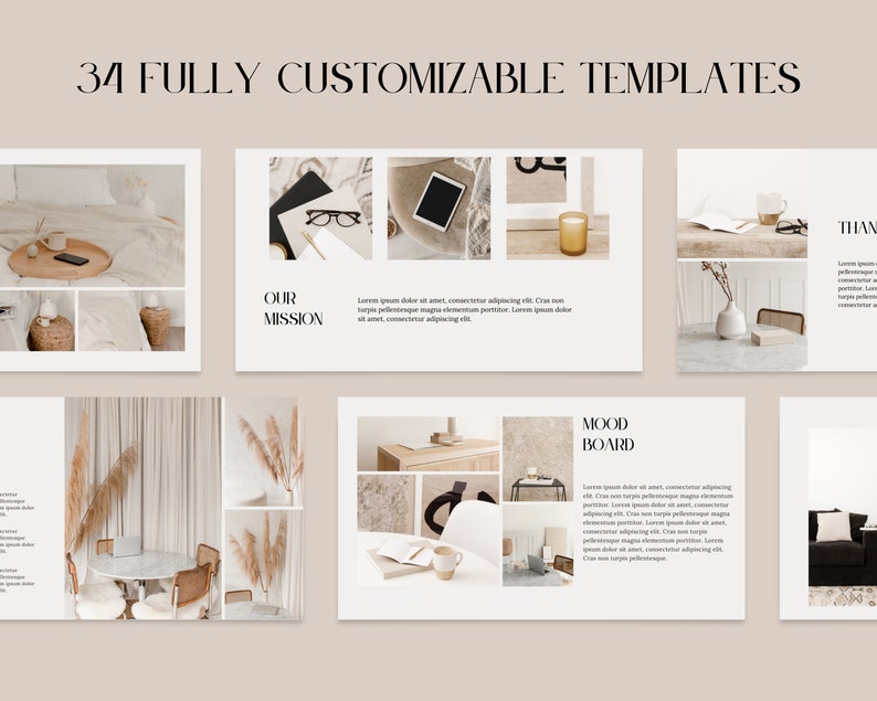 May include: A set of 34 customizable templates for social media. The templates feature a minimalist aesthetic with a neutral color palette of beige, white, and brown. The templates include images of interior design elements, such as a vase with dried flowers, a candle, and a laptop.