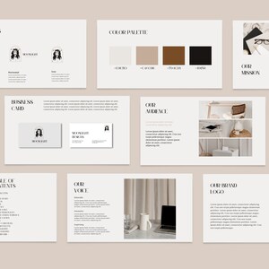 May include: A brand guide for a business called Moonlight Designs. The guide includes a color palette, logo variations, a table of contents, and information about the brand's voice, audience, and mission.