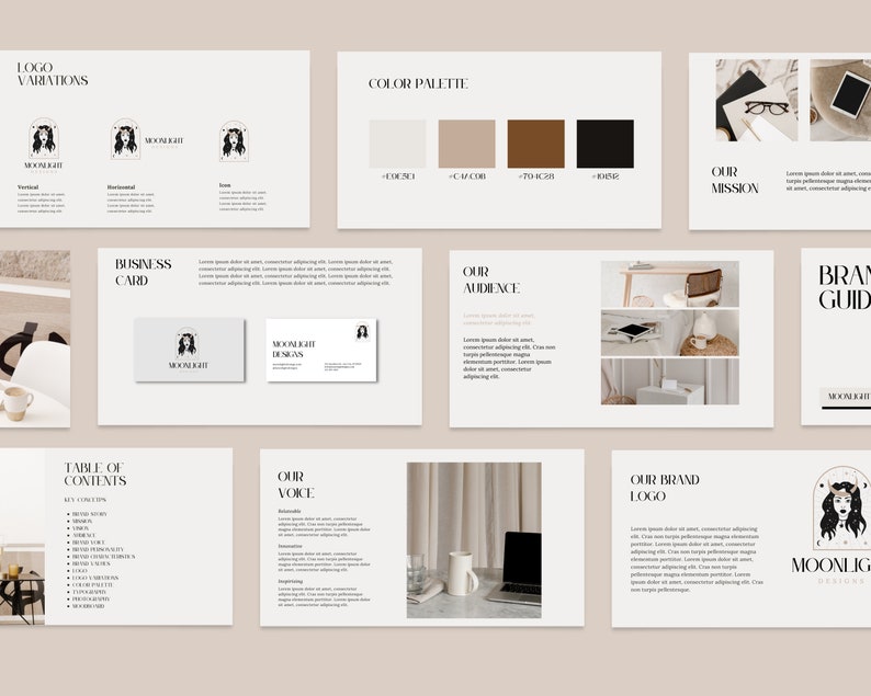 May include: A brand guide for a business called Moonlight Designs. The guide includes a color palette, logo variations, a table of contents, and information about the brand's voice, audience, and mission.