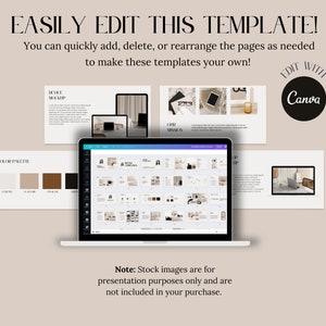 May include: A laptop computer screen displaying a Canva presentation template with a beige, brown, and black color palette. The template includes a variety of slides with text, images, and graphics. The text on the screen reads "Our Mission". The laptop is on a beige surface. The text "EDIT WITH Canva" is in a circle with a white background and black text.
