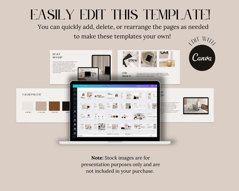 May include: A laptop computer screen displaying a Canva presentation template with a beige, brown, and black color palette. The template includes a variety of slides with text, images, and graphics. The text on the screen reads "Our Mission". The laptop is on a beige surface. The text "EDIT WITH Canva" is in a circle with a white background and black text.