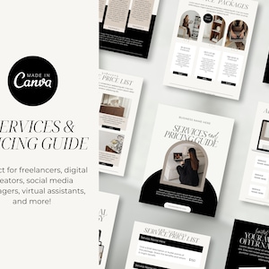 May include: A black and white graphic design template for a services and pricing guide. The template features a modern, minimalist design with a black and white color scheme. The text "SERVICES & PRICING GUIDE" is displayed in a bold, sans-serif font. The template also includes a price list and a section for additional services.