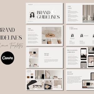 May include: A set of 34 Canva templates for brand guidelines. The templates feature a minimalist aesthetic with a focus on photography and design. The templates include sections for brand story, color palette, logo variations, photography guidelines, and device mockups.