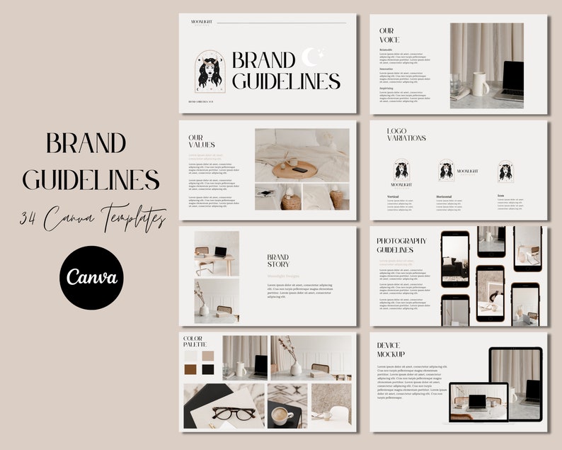 May include: A set of 34 Canva templates for brand guidelines. The templates feature a minimalist aesthetic with a focus on photography and design. The templates include sections for brand story, color palette, logo variations, photography guidelines, and device mockups.