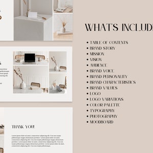 May include: A beige and white presentation slide with the text "WHAT'S INCLUDED" in black. The slide lists the contents of a brand identity package, including a table of contents, brand story, mission, vision, audience, brand voice, brand personality, brand characteristics, brand values, logo, logo variations, color palette, typography, photography, and moodboard.