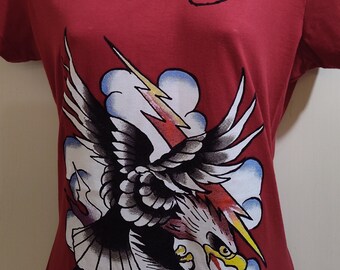 Ed Hardy Red with Eagle Graphics Rhinestone Logo Name Size Large 77 Tattoo T-shirt
