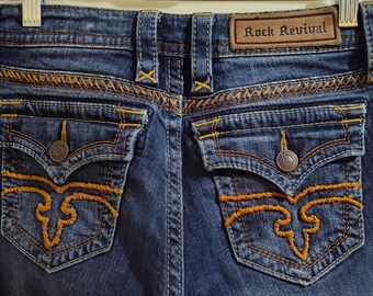 Rock Revival Jessica Bootcut Jeans Size 26 Embroidered Fleur de Lis Bronze Tone