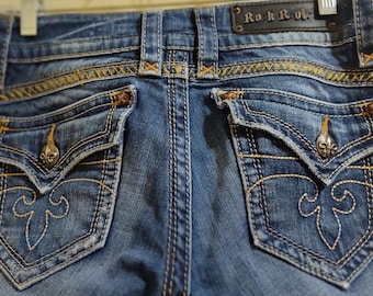 Rock Revival Gwen Boot Cut Jeans, Fleur de Lis Stitch, Size 27