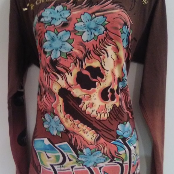 Vintage Ed Hardy Brown Long Sleeve Skull Graphics t-shirt Rare Find